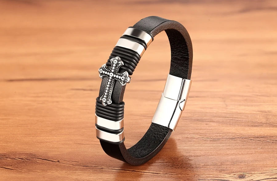 TYO Trendy Punk Rock Fashion Genuine Leather Bracelet Men Metal Stainless Steel Jewelry Magnetic Braided Vintage Dropshipping