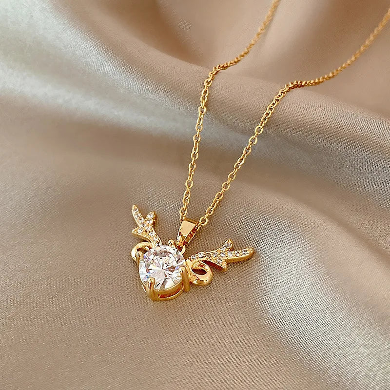 Sweet Zircon Crystal Pendant Necklace For Women Korean Fashion Stainless Steel Clavicle Chain Jewelry Female Wedding Accessories