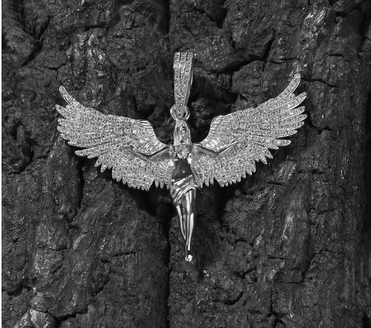 European and American Retro Unisex Style Gold Diamond Angel wings Male and Female Rap Hip Hop Necklace