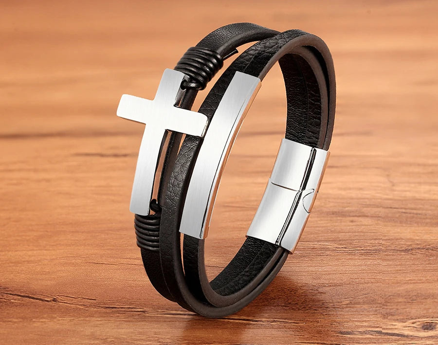 TYO Trendy Punk Rock Fashion Genuine Leather Bracelet Men Metal Stainless Steel Jewelry Magnetic Braided Vintage Dropshipping