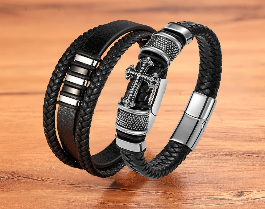 TYO Trendy Punk Rock Fashion Genuine Leather Bracelet Men Metal Stainless Steel Jewelry Magnetic Braided Vintage Dropshipping