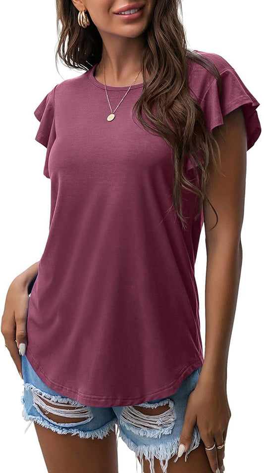 Summer Ruffle Short Sleeve Knit Tunic Tops Shirts Tank Tee Blouse for Women