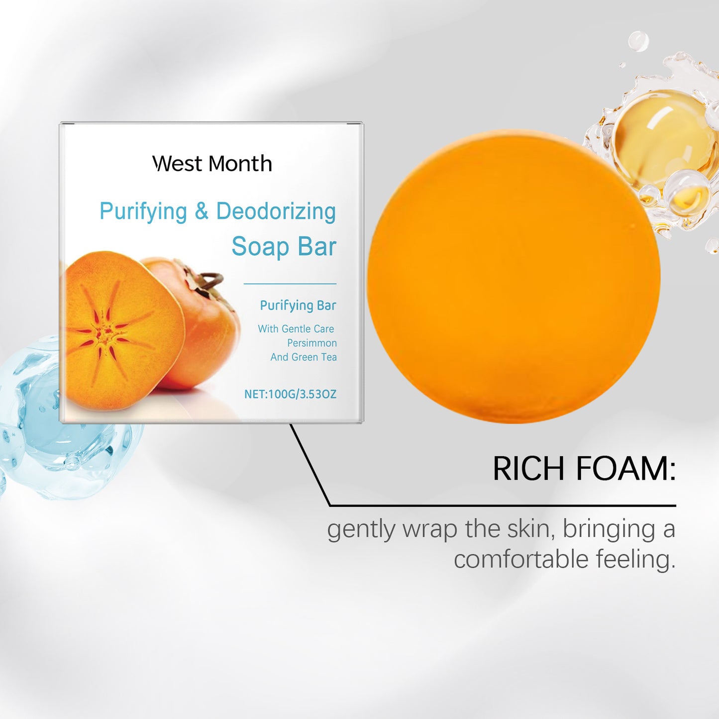 Persimmon Soap Bar Cleansing Deodorizing Remove Stains Rich Foam Lasting Fragrance Freshness Anti Sweat Odor Shower Bathing Soap