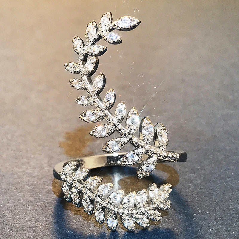 Graceful Leaves Both End of Open Ring Silver Color Girl Cocktail Party Rings Shine Crystal Zircon Fashion Women Jewelry