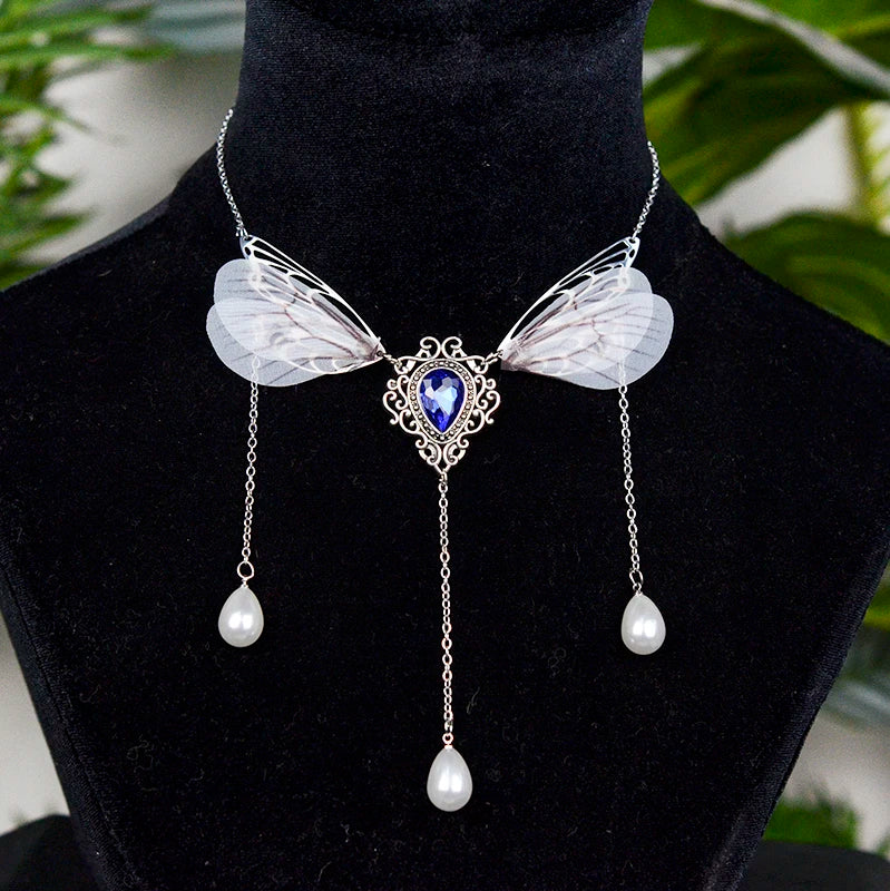 Witch Fairy Elves Butterfly Wings with Crystal Pendant Chain Necklace Forest Fairy Jewelry for women