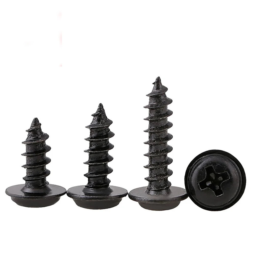 100pcs Phillips Black Self-tapping Screw Pan Head PWA Cross Round Head With Washer Cushion M1.4 M1.7 M2 M2.3 M2.6 M3 M3.5 M4