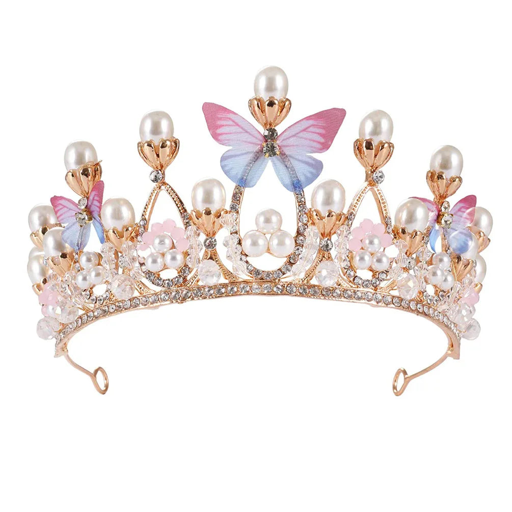 Girl Princess Crown Butterfly Rhinestone Tiaras Birthday Crystal Crown Performance Wedding Model Catwalk Handmade Pearl Tiara