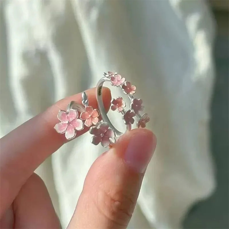 Flower Ring for Women with Niche Design Pink Peach Blossom Index Finger Ring Fresh Sweet Gradient Flower Opening Finger Ring