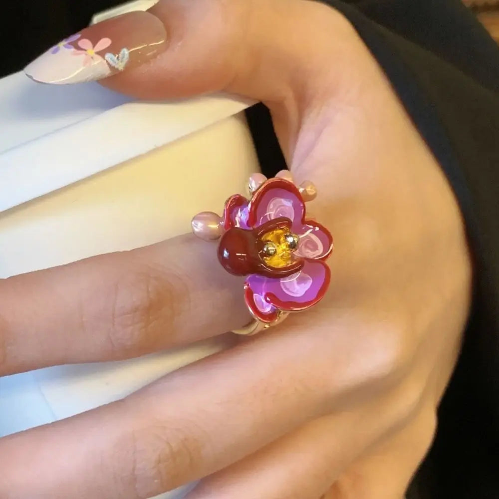 Sweet Drip Oil Flower Ring Butterfly Orchid White Iris Flower Enamel Finger Ring Ins Style Trendy French Irregular Ring Women