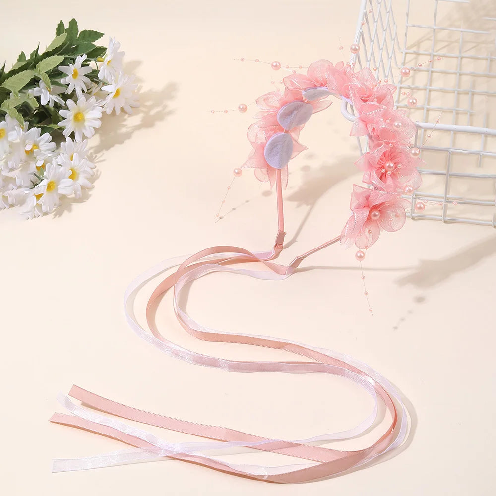 Fairy Flower Headband Sweet Lovely Girl Lace Floral Pearls Hair Hoop For Princess Wedding Birthday Headwear Accessories Gifts