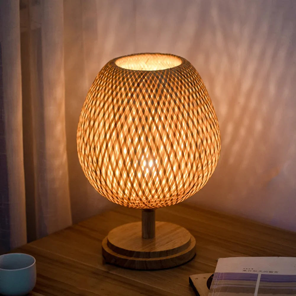 Dimmable Table Lamp, Rattan Bedside Lamp with Small Vintage Nightstand Light for Bedroom Living Room Desk Wooden Wicker Shade