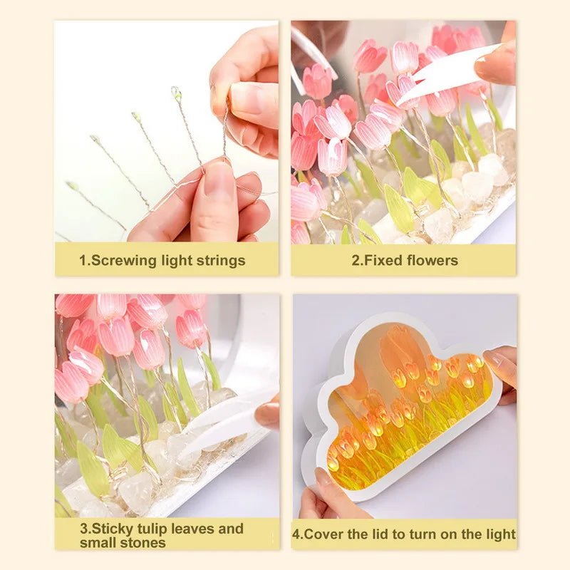 1pc Handmade DIY Clouds Tulip Lamps LED Night Light Mirror Table Lamps Bedroom Ornaments Decoration Flower Sea Atmosphere Lamp (Free Shipping) 💝💖🌹 (Free Shipping) 💝💖🌹