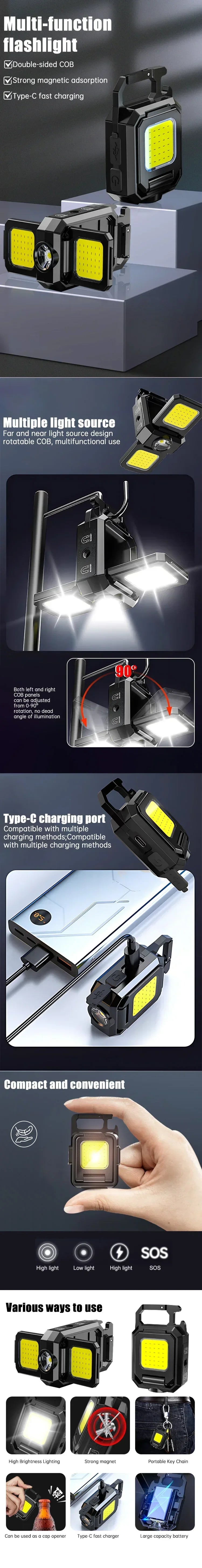 2025 LED Flashlight 1000LM USB Rechargeable COB Work Lights IPX4 Waterproof Keychain Light Lantern for Outdoor Camping Hiking