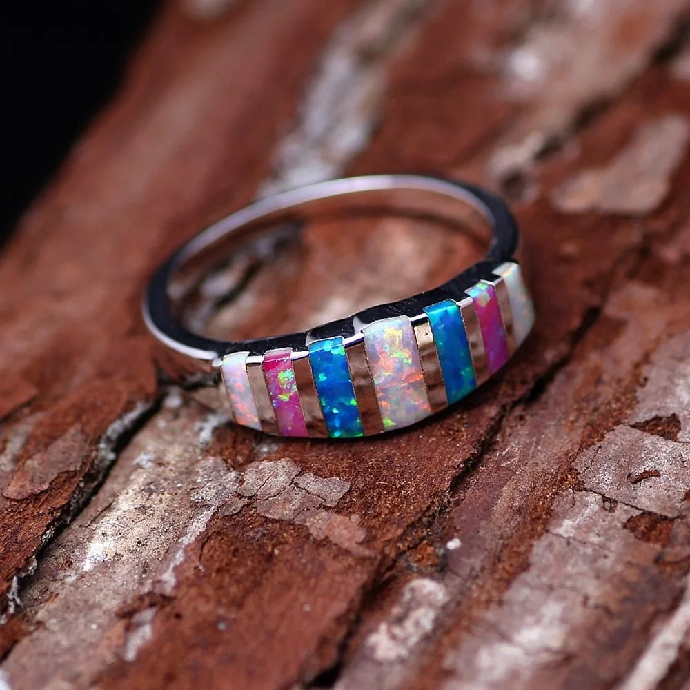 Silver Plated Opal Rings For Women Wedding Jewelry Fashion Gift Ring Size 5-12