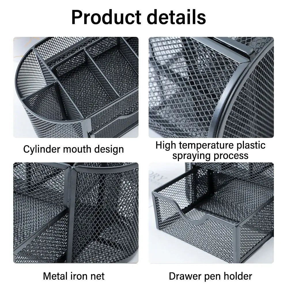 Office School Supplies With Drawer 9-Grid Storage Desk Organizer Stationery Container Metal Mesh Pen Holder