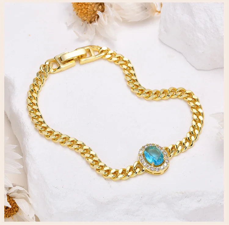 Bracelet for Women Gold Plated, Cuban Chain with Blue Cubic Zirconia Charms Wrist Jewelry for Her Gift
