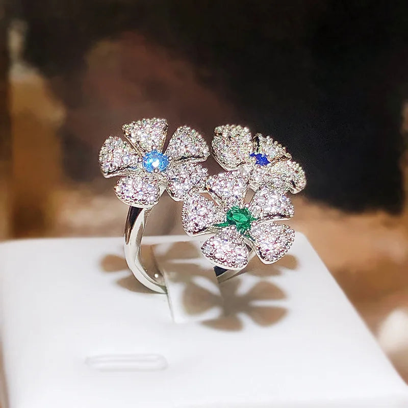 Super Fairy Creative Flower Design Open Ring Luxury Full of Diamond 925 Silver Cocktail Party Ladies Premium Color-proof Jewelry