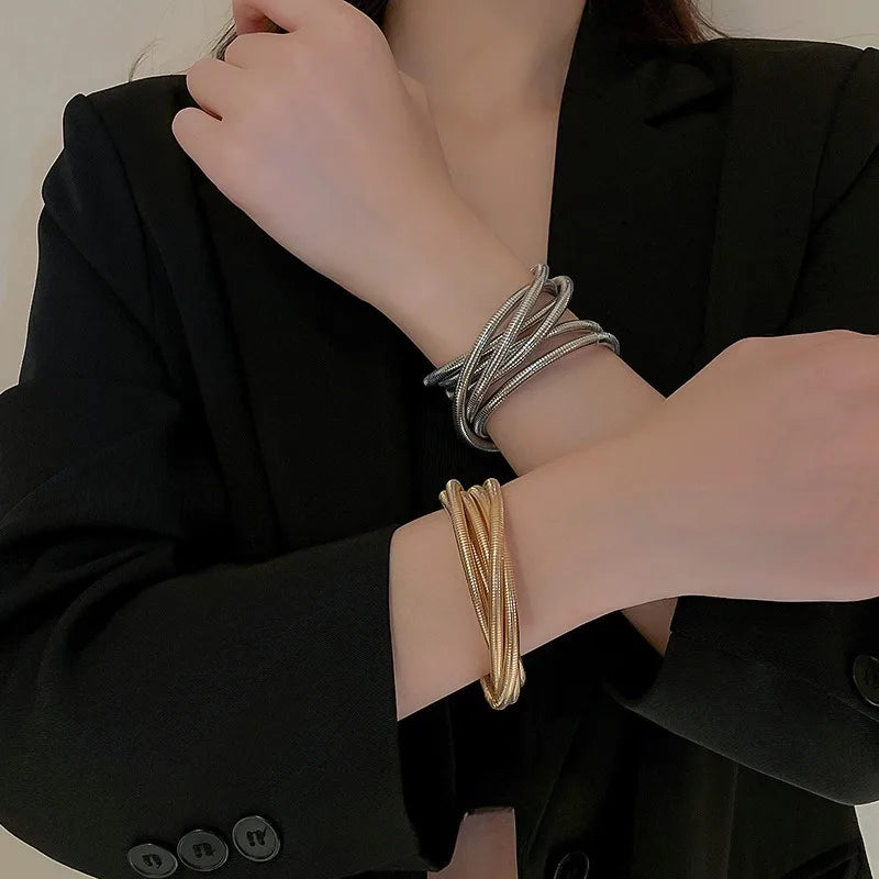 Fashionable Retro Exaggerated Three-layer Wide Edge Elastic Bracelet, Personalized Cool Style Bracelet, Hand Jewelry for Women