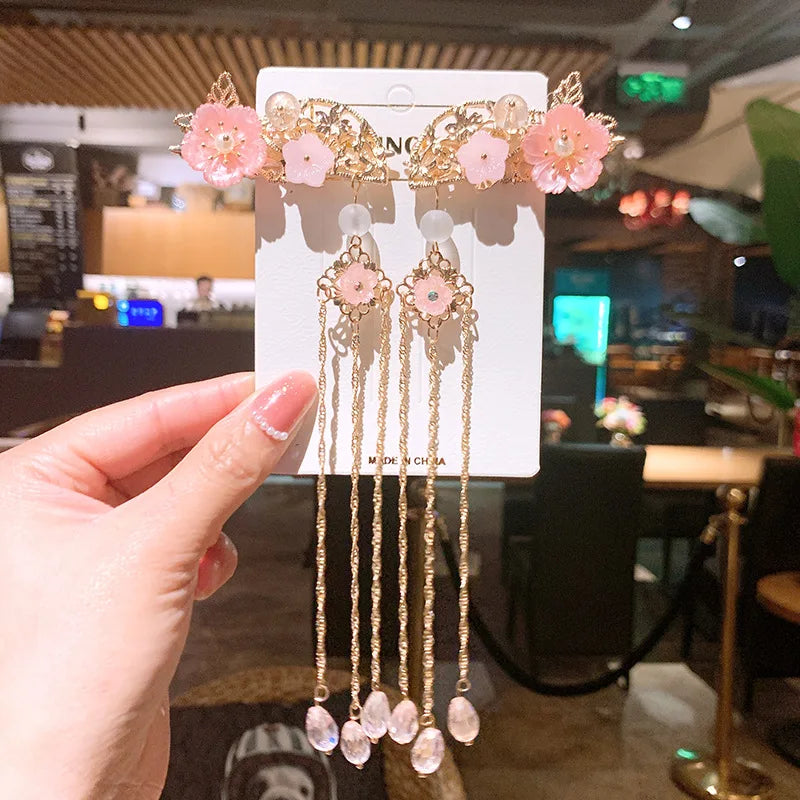 1pair Chinese Style flower Hairpin Cute Girl Candy Color Tassel Butterfly Hair Clip Retro Hanfu Barrettes Women's Hair Accessori