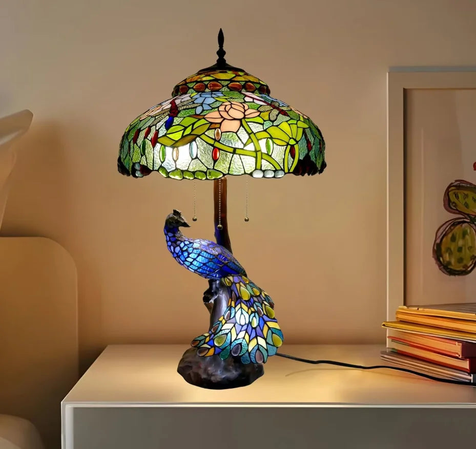 30-Inch  Table Lamp Traditional American Style Living Room Bedroom Study Lamp Luxurious Villa Hotel Stained Glass Lamp