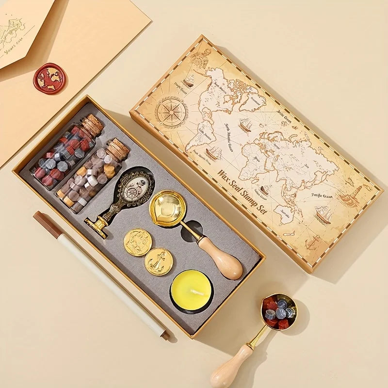 1 Set of Sealing Wax Stamp Kit, Includes Stamp Handle, Sealing Wax Beads, Wooden Handle Sealing Wax Spoon, Small Round Wax, Stamp Head, Suitable for Wedding Invitations, Envelopes, Birthday Gift Cards, Scrapbooks, Great Gift
