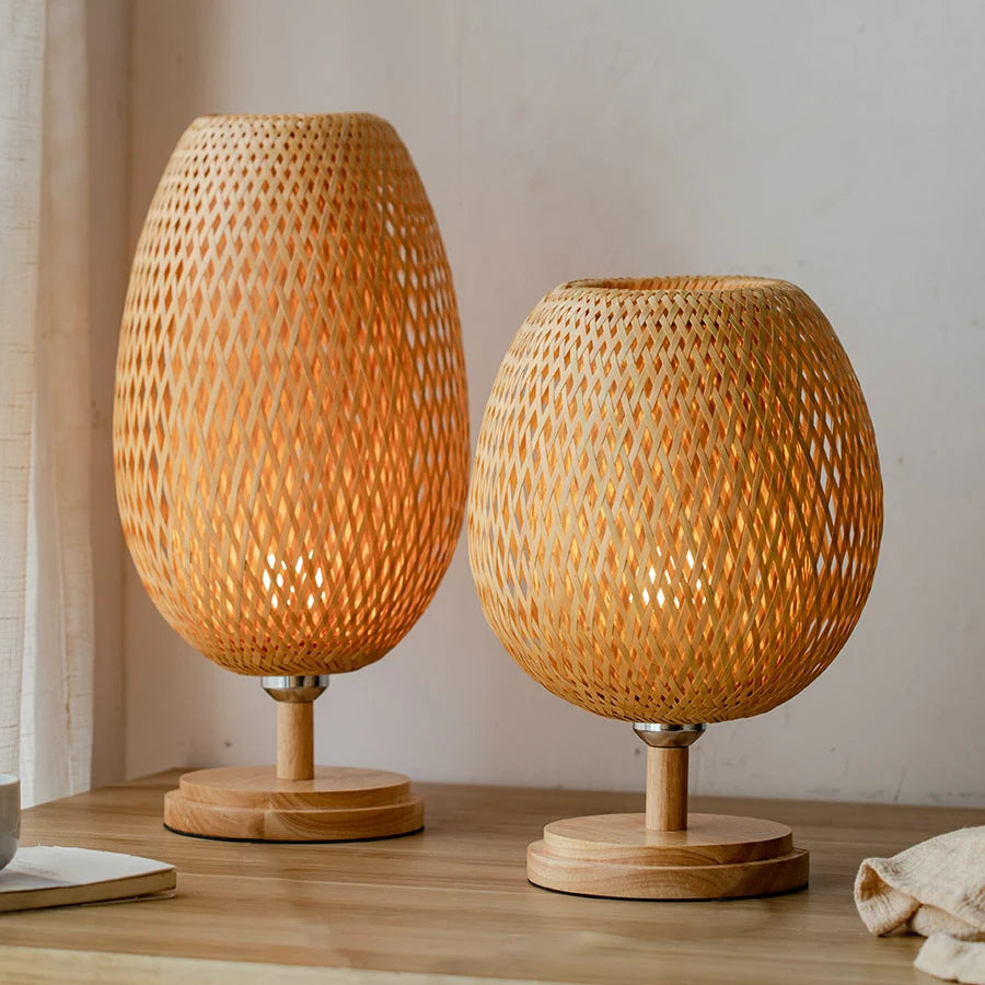 Dimmable Table Lamp, Rattan Bedside Lamp with Small Vintage Nightstand Light for Bedroom Living Room Desk Wooden Wicker Shade