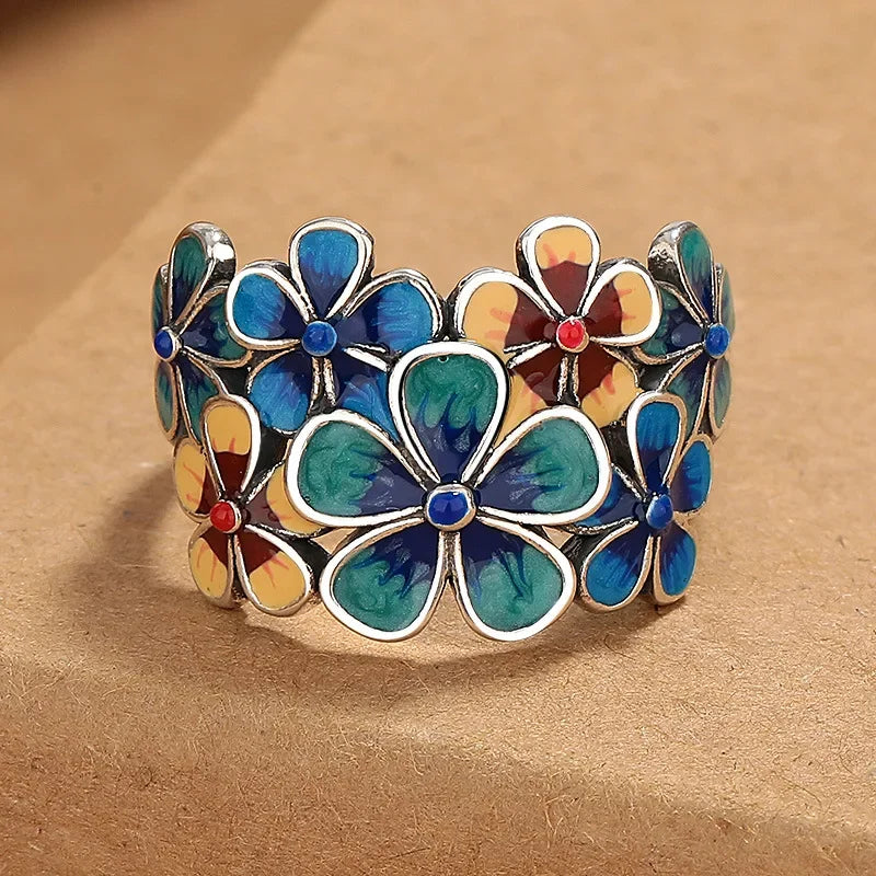 New Enamel Flowery Ring for Women with Atmospheric Retro Ethnic Style Opening Adjustable Creative Index Finger кольцо женское