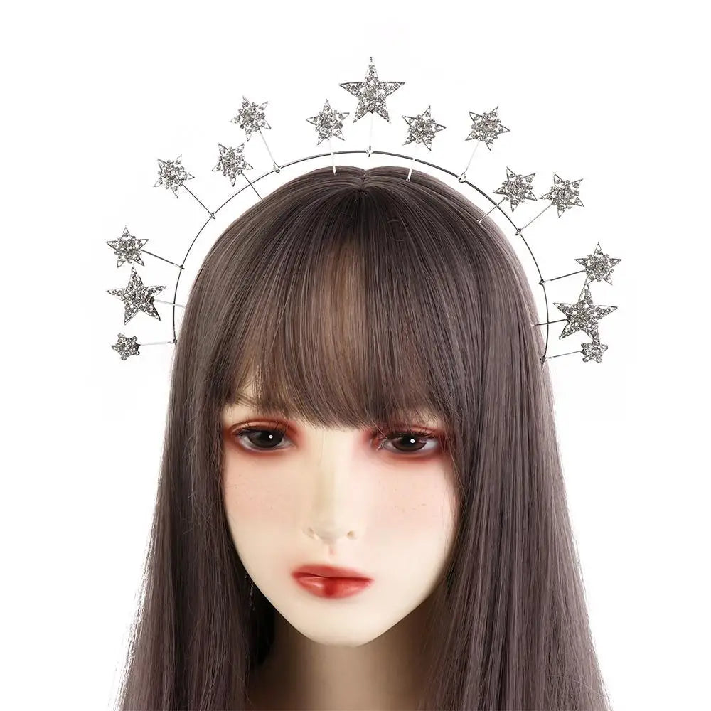 Fairy Metal Star Hair Hoop Princess Silver Halo Crown Rhinestone bilayer Baroque Hairbands Head Jewelry