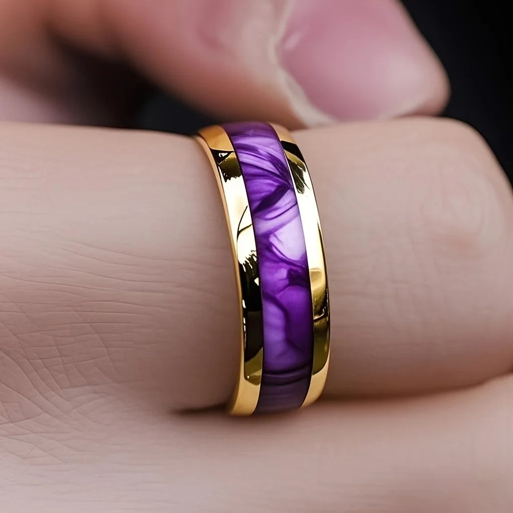 Wholesale 8MM Fashion Purple Shell Inlay Stainless Steel Rings Unique Women Wedding Band Jewelry Men's Ring Party Accessories