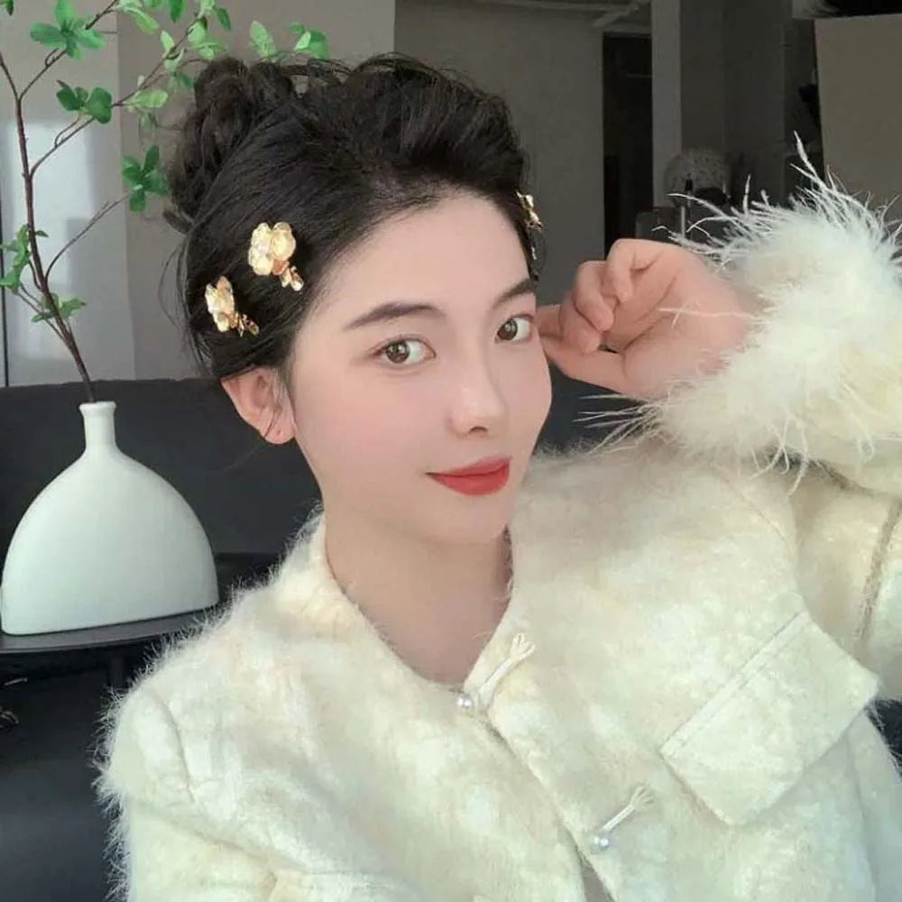 5pcs Elegant Golden Flower Hair Forks Hairstyle Tools French Style Pearl Side Clips Hair Accessories Retro Wave Alloy Barrettes