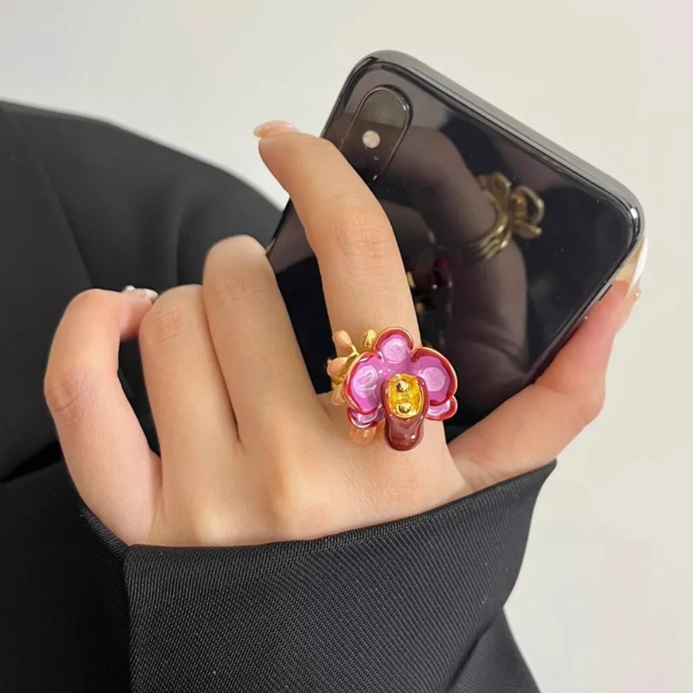 Sweet Drip Oil Flower Ring Butterfly Orchid Ins Style Enamel Finger Ring Trendy White Iris Flower French Irregular Ring Girls