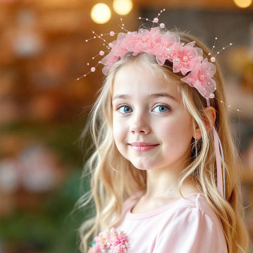 Fairy Flower Headband Sweet Lovely Girl Lace Floral Pearls Hair Hoop For Princess Wedding Birthday Headwear Accessories Gifts