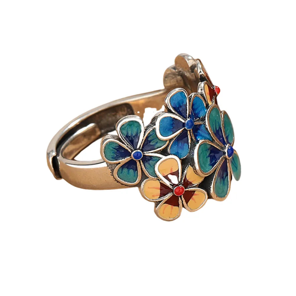 New Cloisonné Enamel Flowery Ring for Women with Atmospheric Retro Ethnic Style Opening Adjustable Creative Index Finger