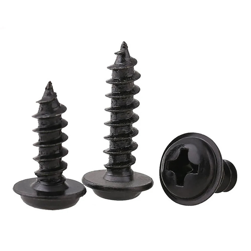 100pcs Phillips Black Self-tapping Screw Pan Head PWA Cross Round Head With Washer Cushion M1.4 M1.7 M2 M2.3 M2.6 M3 M3.5 M4