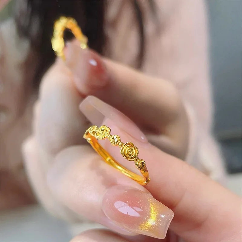 Genuine 18 K Gold Color Romantic Retro Rose Shape Ring for Women Bride Birthday Wedding Engagement Jewelry Gifts