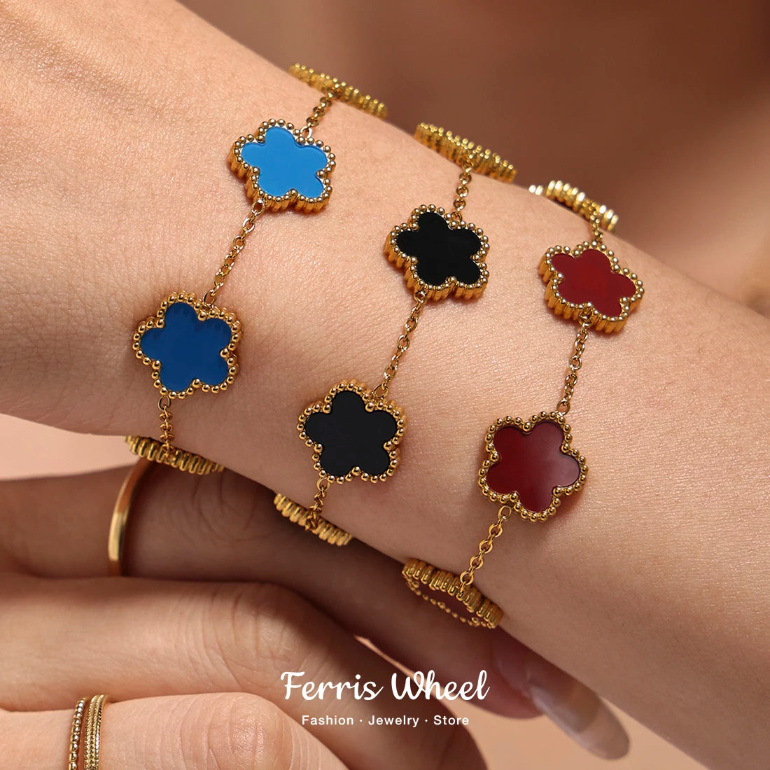 Fashion Five Petals Beautiful Bracelet for Women No Rusted Gold Plated Stainless Steel Agate Bangle Charm Luxury Jewelry Gift