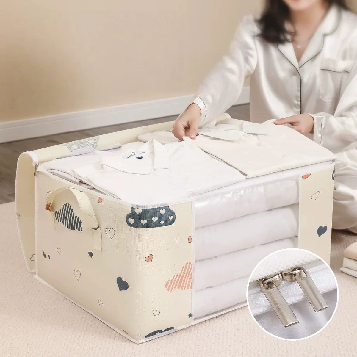 Storage Clothes Bins Closet Bags - Organizing Blanket Pillow Sheet Sweater, Foldable Fabric Bedroom Storage with Lids Zipper