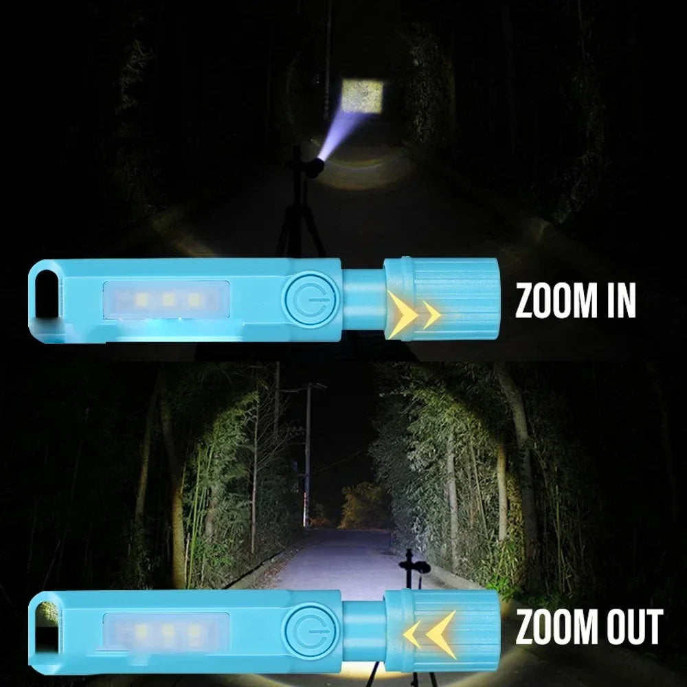 Super Bright LED Mini Flashlight With Side Light Torch USB Portable Telescopic Zoom Work Light Waterproof Outdoor Camping Light