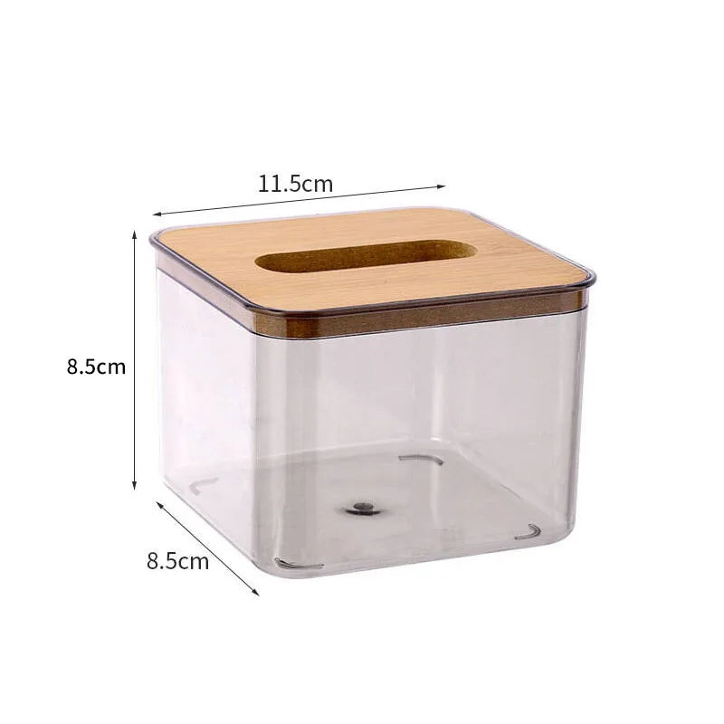Wooden top tissue box, transparent grey PET base - multi-sized tabletop storage box for living room, smooth sliding opening
