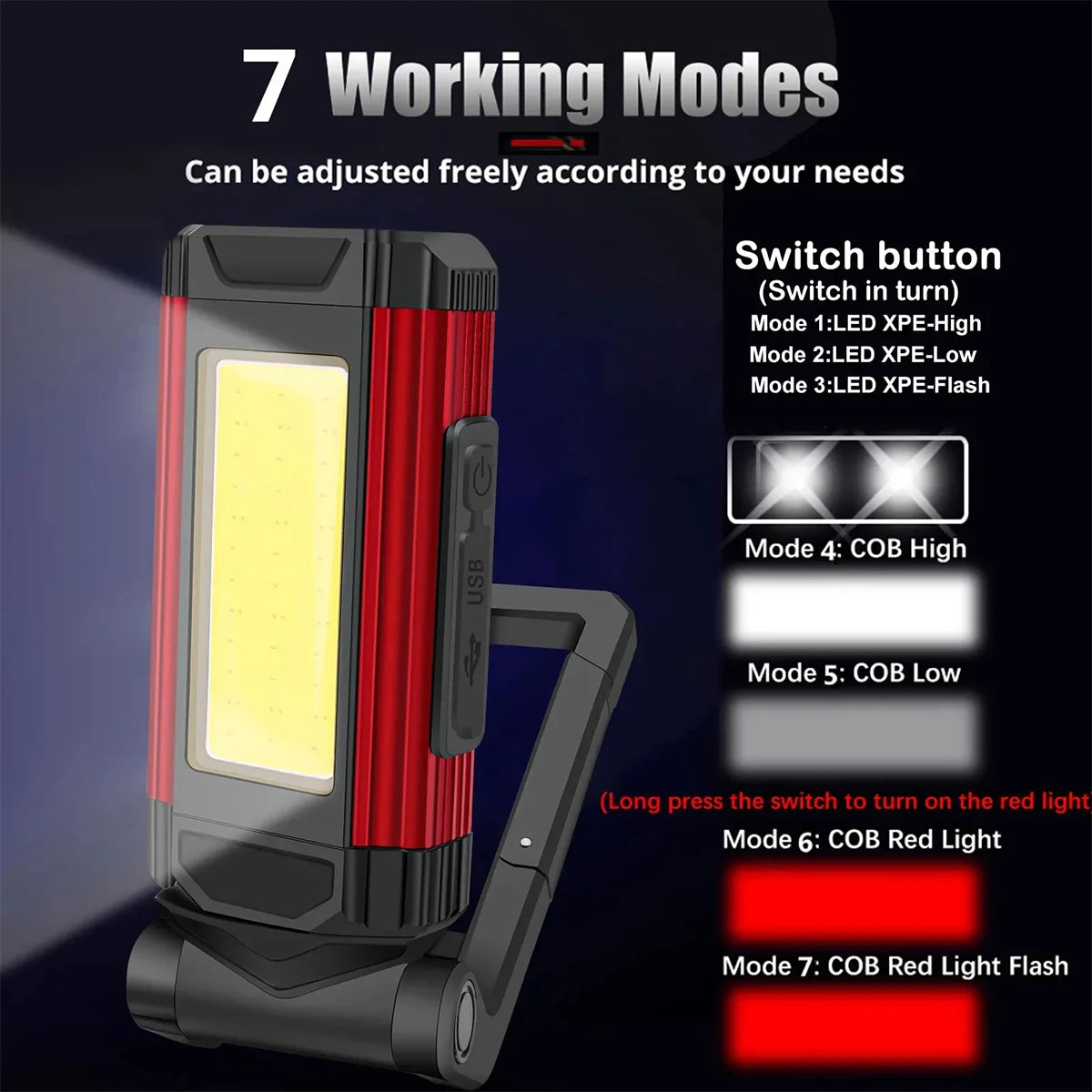 Led Work Light 10w Usbc Flashlight Red Magnetic Flashlights Waterproof Working Hook Rechargeable Foldable Cob Rotating Brightest