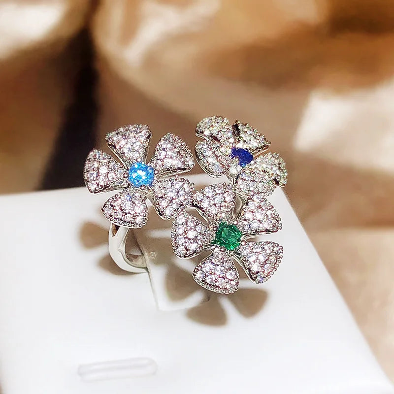 Super Fairy Creative Flower Design Open Ring Luxury Full of Diamond 925 Silver Cocktail Party Ladies Premium Color-proof Jewelry