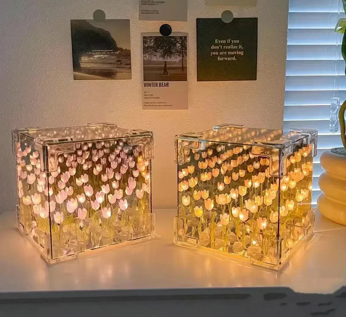 DIY Tulip Mirror Cube Lamp Flower Table Lamp Handmade Romantic Valentine's Day Lamp Tulips Home Decorations Gift for Girlfriend