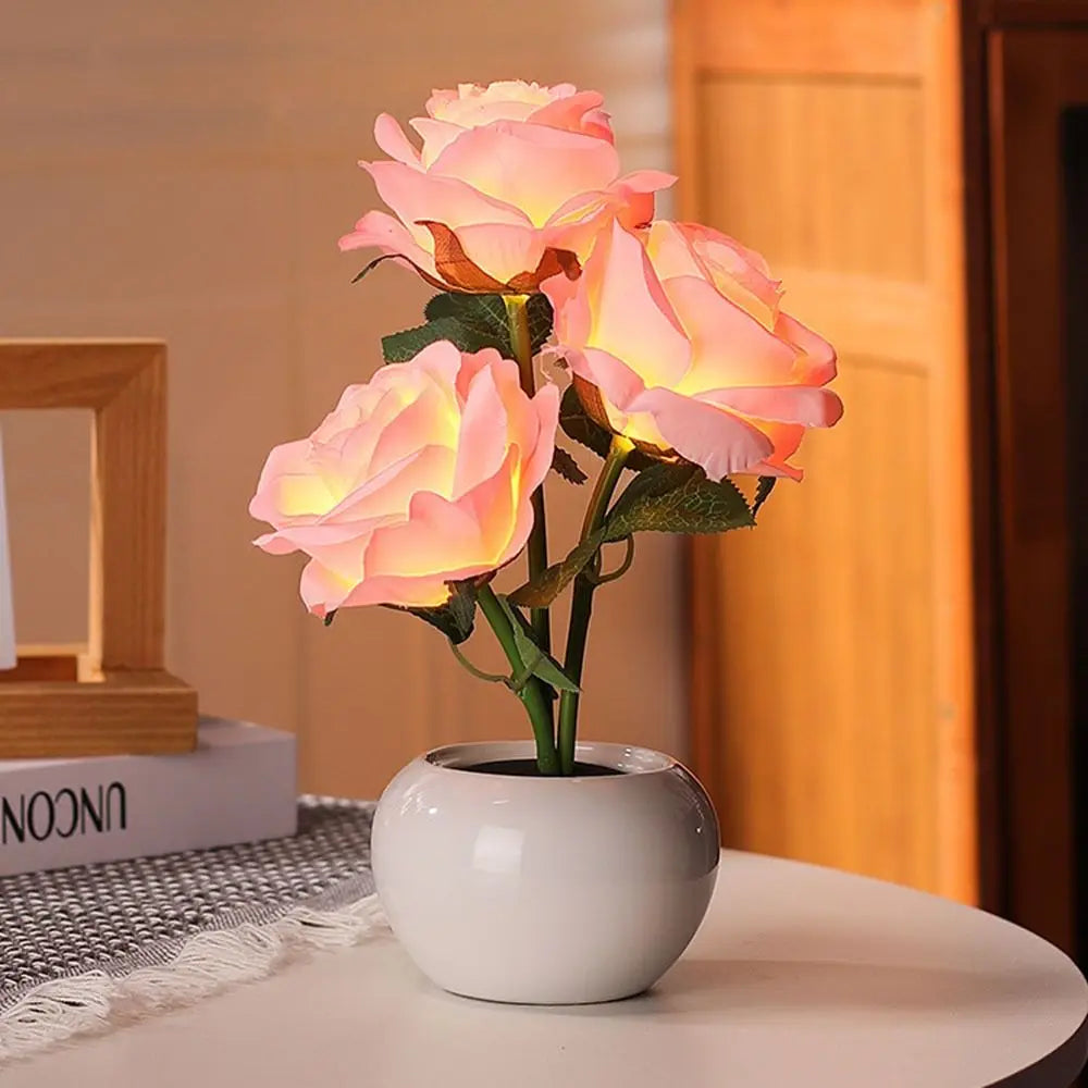 Ceramic Base LED Rose Table Lamp 2/3 Flowers Decorative Flower Bonsai Night Light Soft Light Exquisite Romantic Atmosphere Lamp