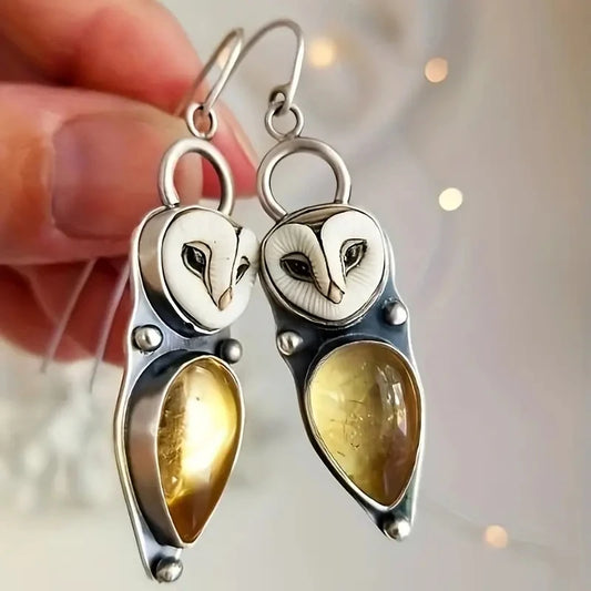 Vintage Champagne Color GemStone Silver Earrings ✨ Patterned Owl💯