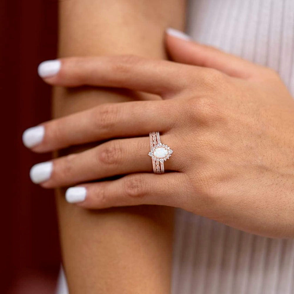Trumium 3Pcs Rose Gold Color Stackable Rings 1.5CT Oval Bridal Ring Sets Opal Knuckle Ring Engagement CZ Wedding Band for Women