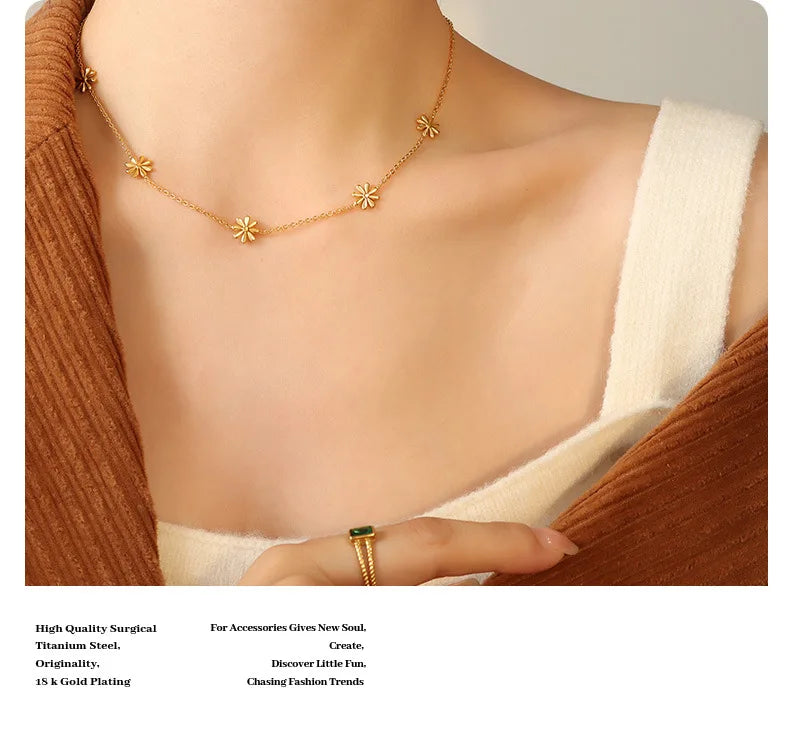 Fairy Chic Daisy Design Titanium Gold Plated Necklace No Fade Influencer Style