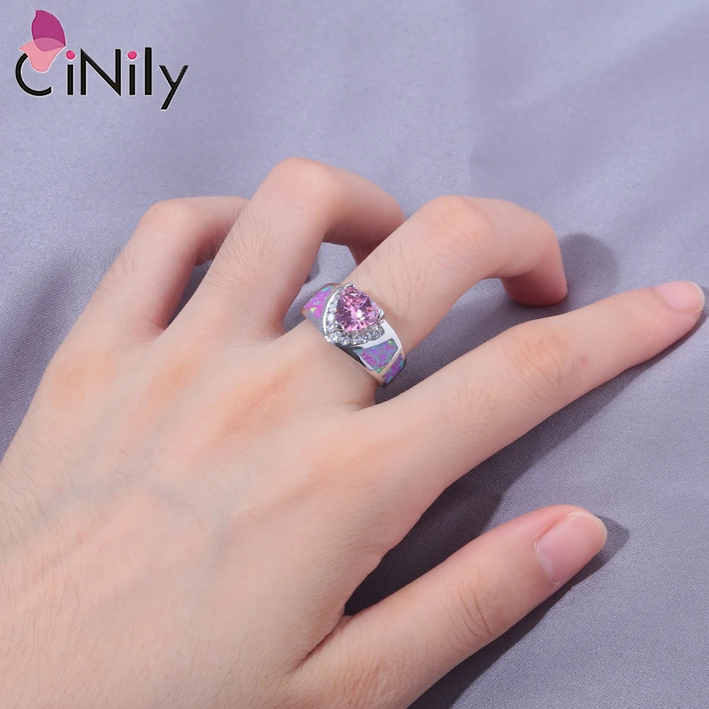 CiNily 925 Sterling Silver Pink Fire Hearted Opal Stone Rings with Pink Zircon for Women Wedding Party Fashion Jewelry Size 5-12