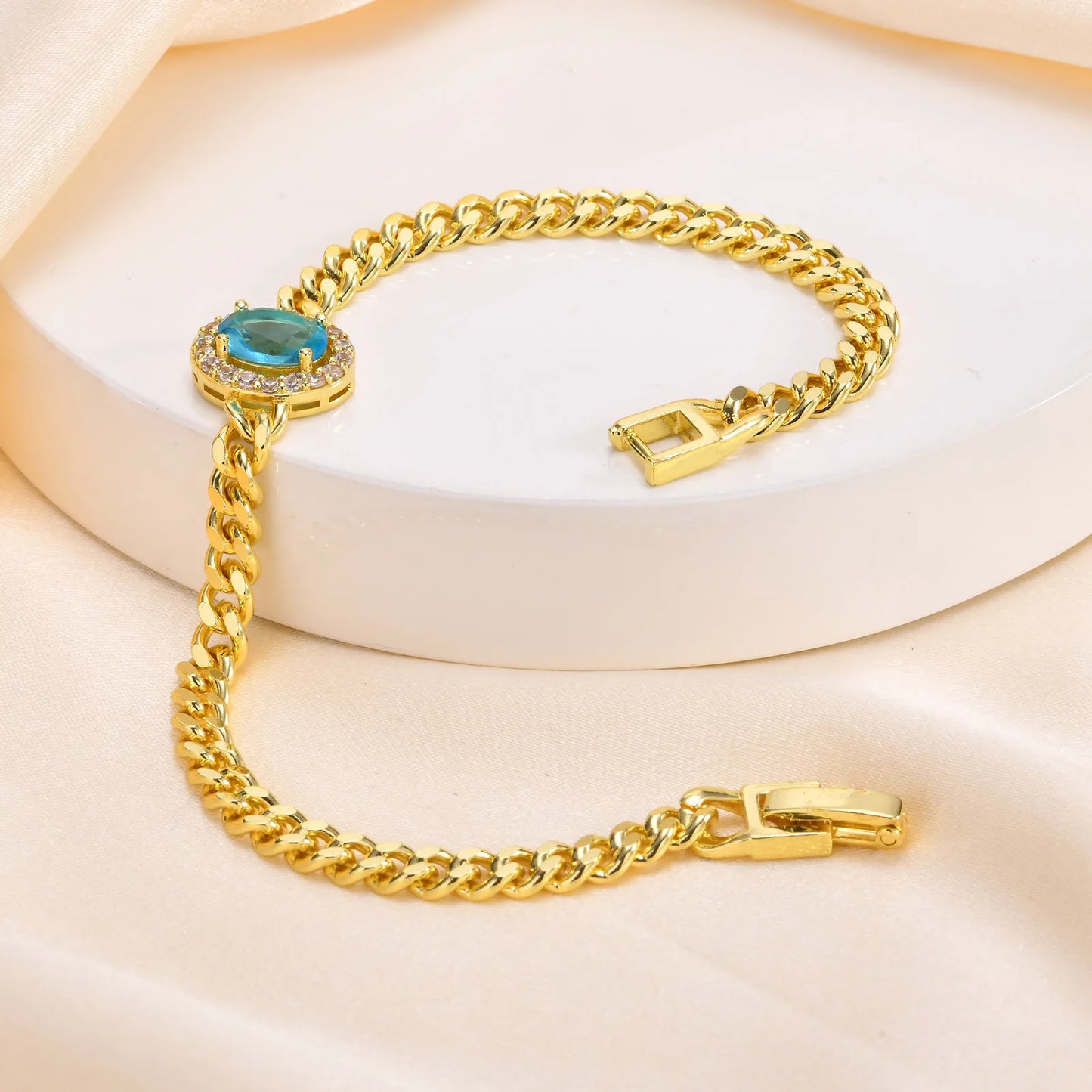 Bracelet for Women Gold Plated, Cuban Chain with Blue Cubic Zirconia Charms Wrist Jewelry for Her Gift