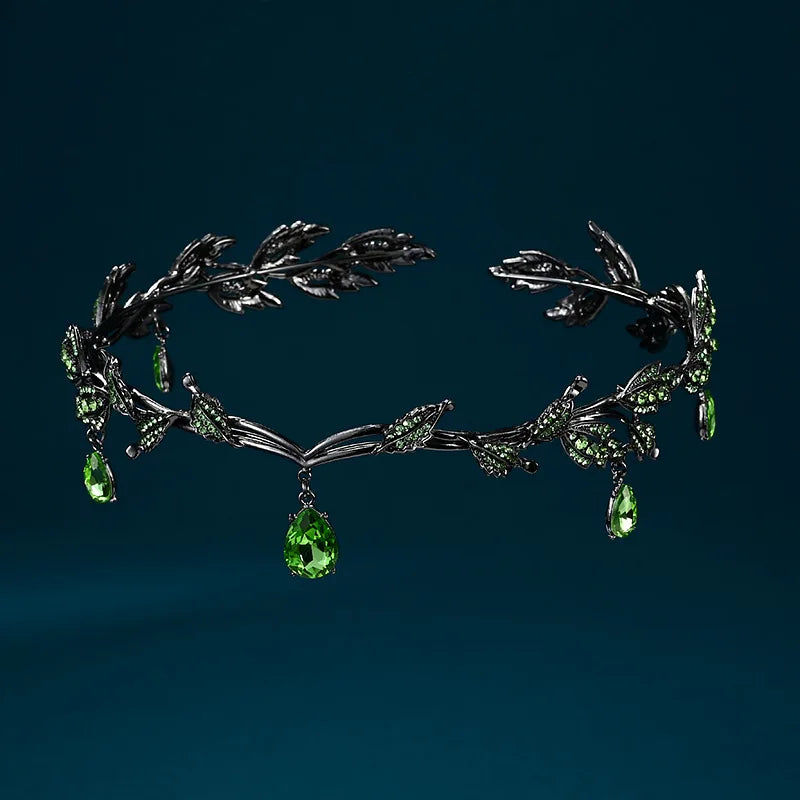Vintage Black Emerald Green Fairy Rhinestone Crowns Tiaras Crystal Leaf Elf Tiara Bandana Hair Accessories Women Costume Jewelry