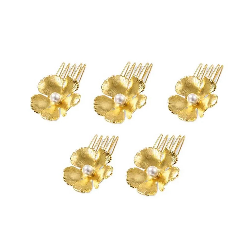 5pcs Elegant Golden Flower Hair Forks Hairstyle Tools French Style Pearl Side Clips Hair Accessories Retro Wave Alloy Barrettes